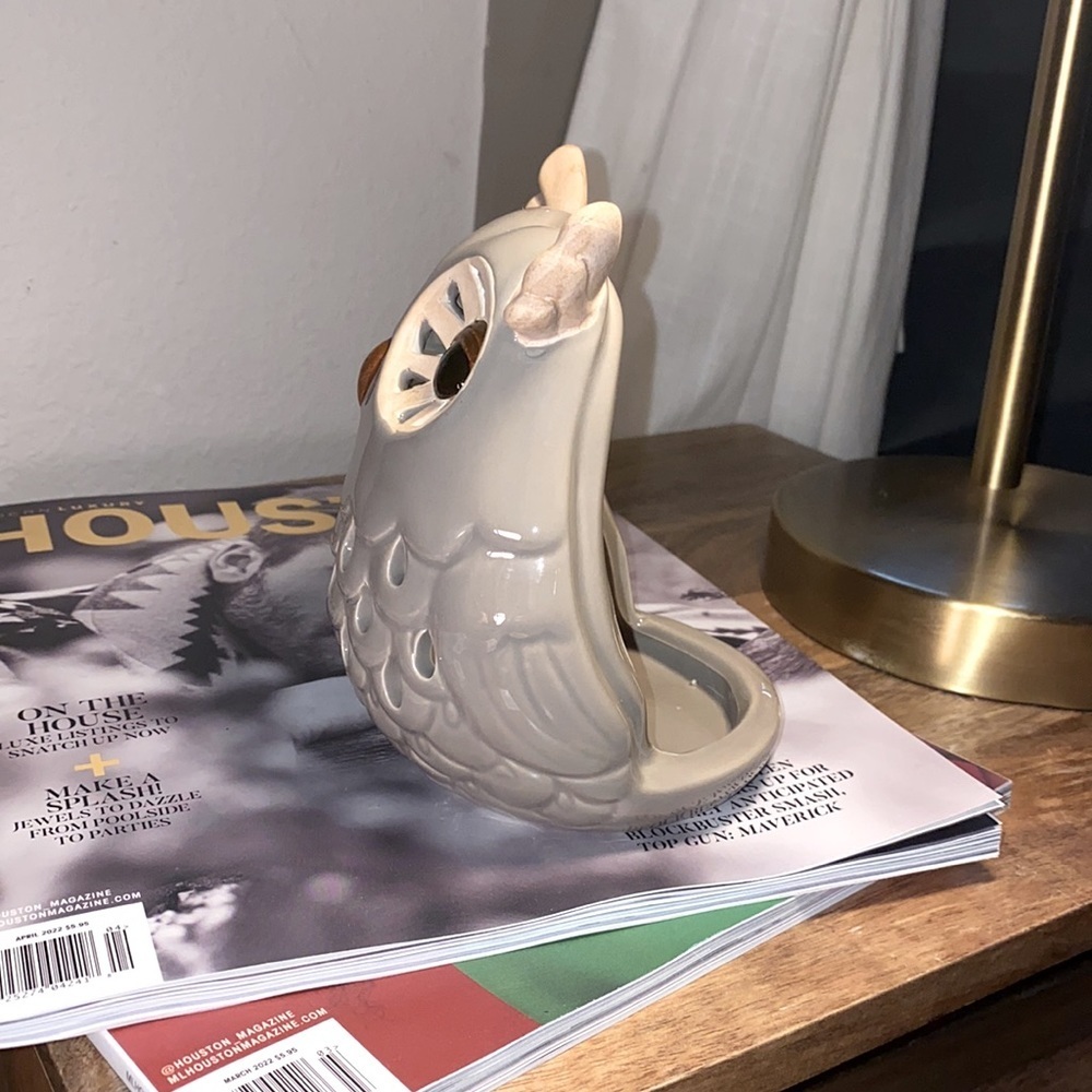 Grey brown tan owl candleholder counter decorative animal fixture ceramic glass - Picture 3 of 14